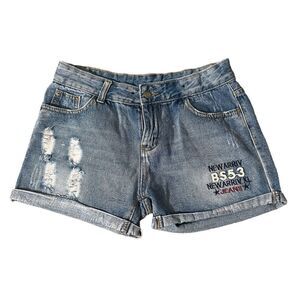 AEL  Blue Denim Shorts with folded hem ~ size 30 ~ distressing throughout